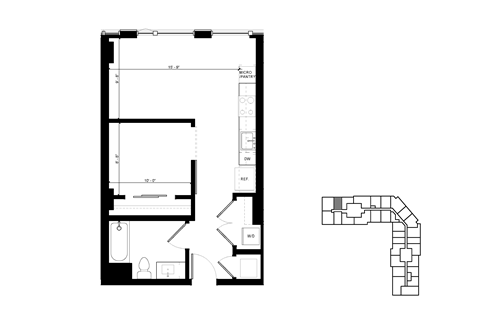 Floor plan for 1 bed, 1 bath, 595 sqft